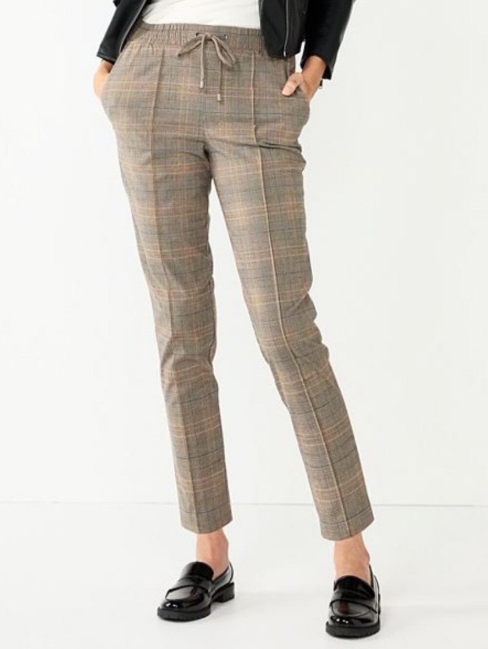 Nine West Plaid Relaxed Pintuck Jogger Pants Size L Drawstring Tapered Ankle